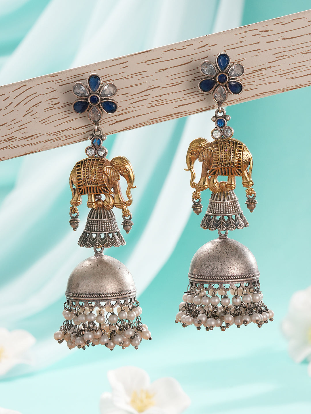 Oxidised Silver Toned Pearl Beaded Floral Elephant  Design Contemporary Dangler  Jhumka Earrings